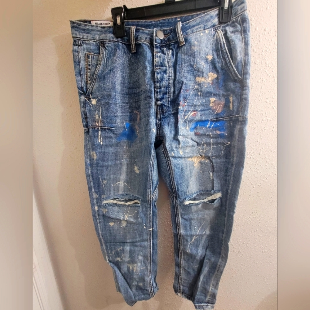 ManXOneTeaspoon Blue Suede Mr Browns Paint Splattered Jeans in Sz 32R